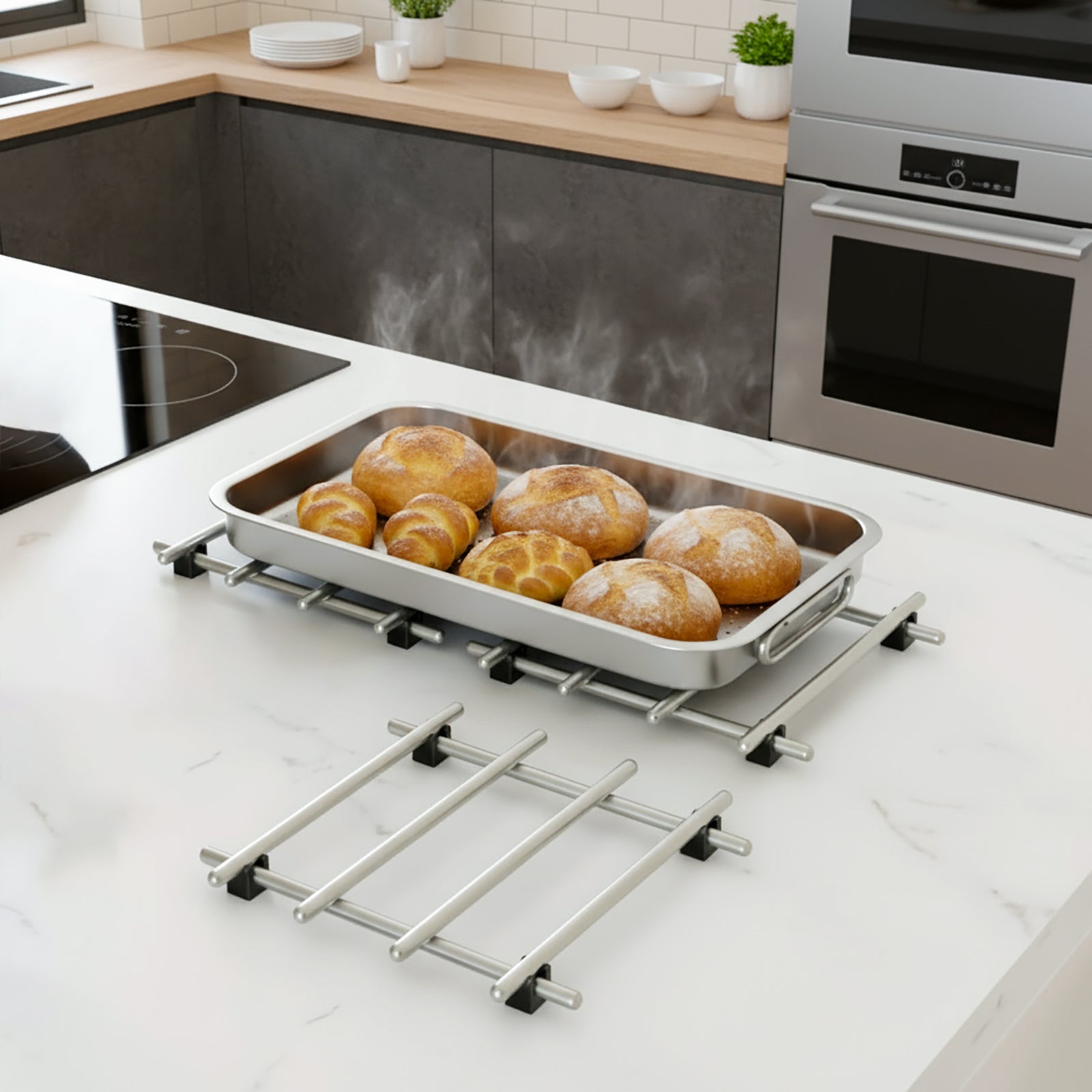 Flexible 3-piece IMEEA trivets used individually or combined for larger cookware or bakeware