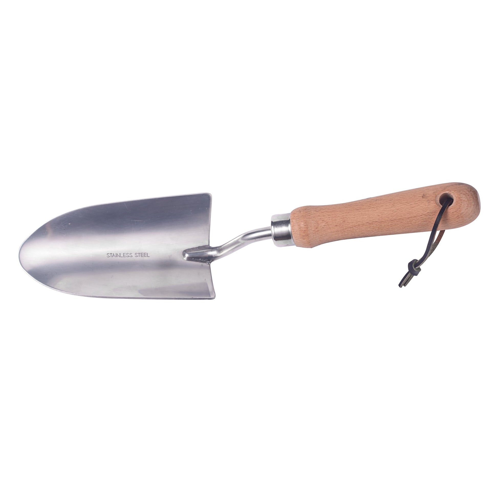 Small Gardening Hand Trowel featuring a stainless steel blade and wooden handle in a top view