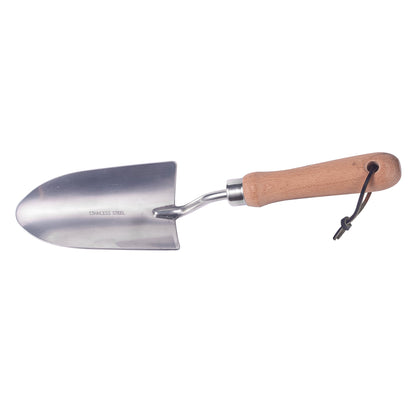 Small Gardening Hand Trowel featuring a stainless steel blade and wooden handle in a top view