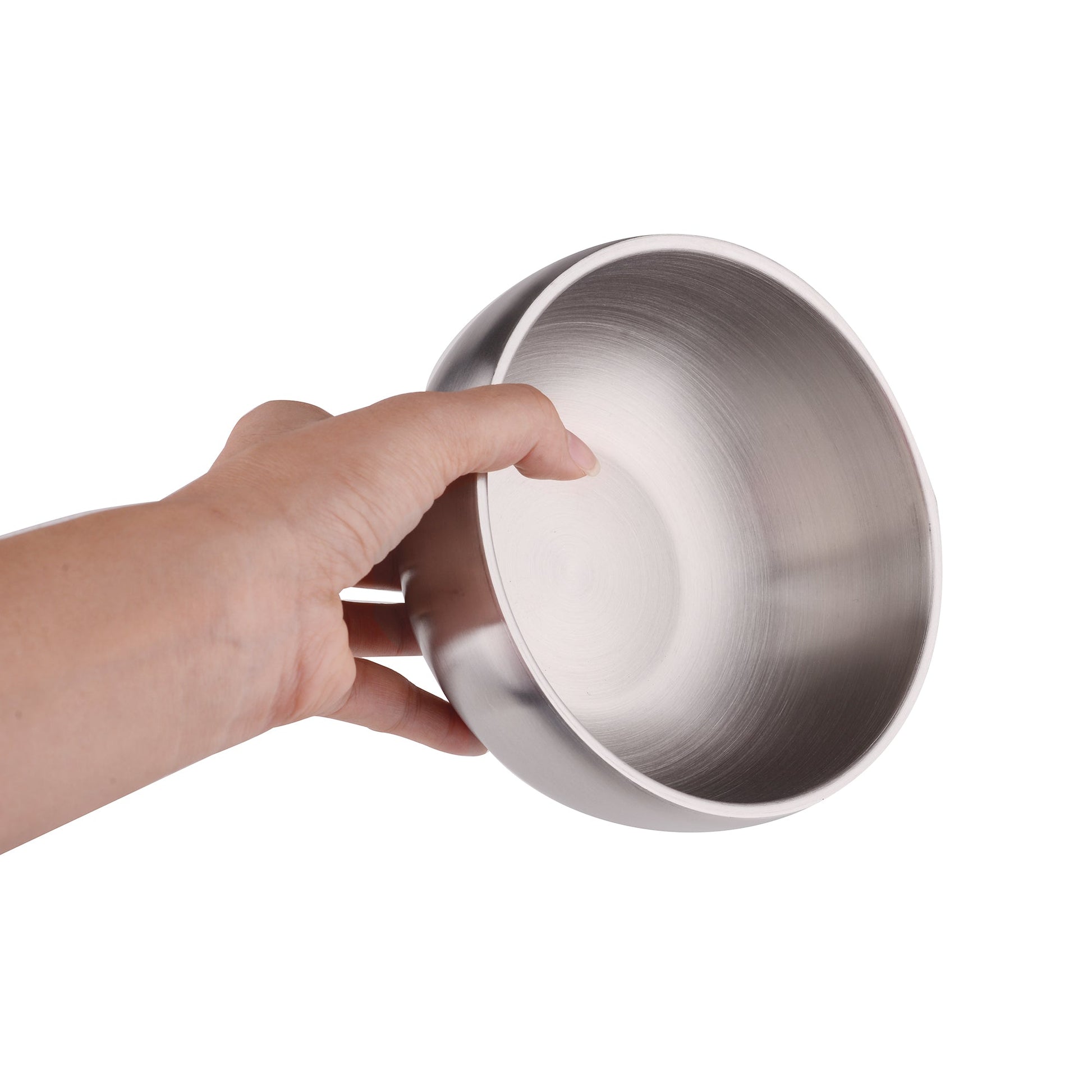Durable thick wall IMEEA stainless steel fruit bowl held in hand, featuring SUS304 construction and a sturdy design for everyday use