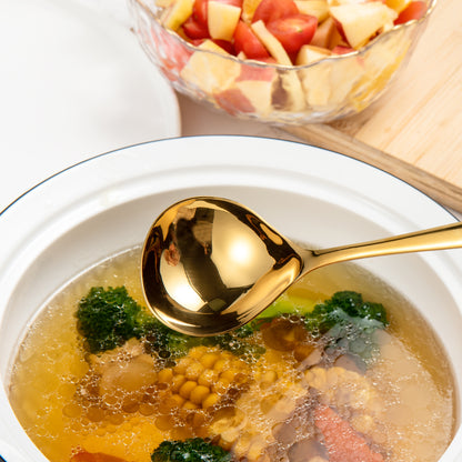 IMEEA Gold Stainless Steel Gravy Ladle close-up showcasing the elegant polished spoon head above a warm soup bowl