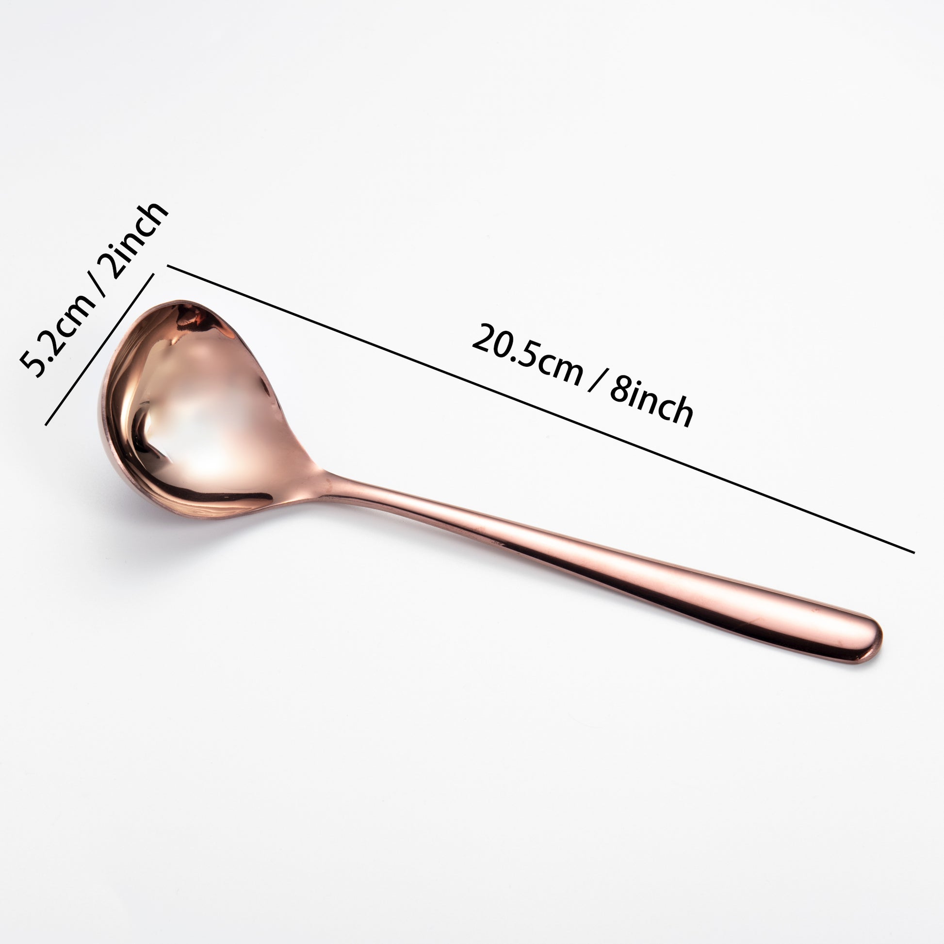 IMEEA Rose Gold Stainless Steel Gravy Ladle size diagram showing 8 inch length and 2 inch spoon width