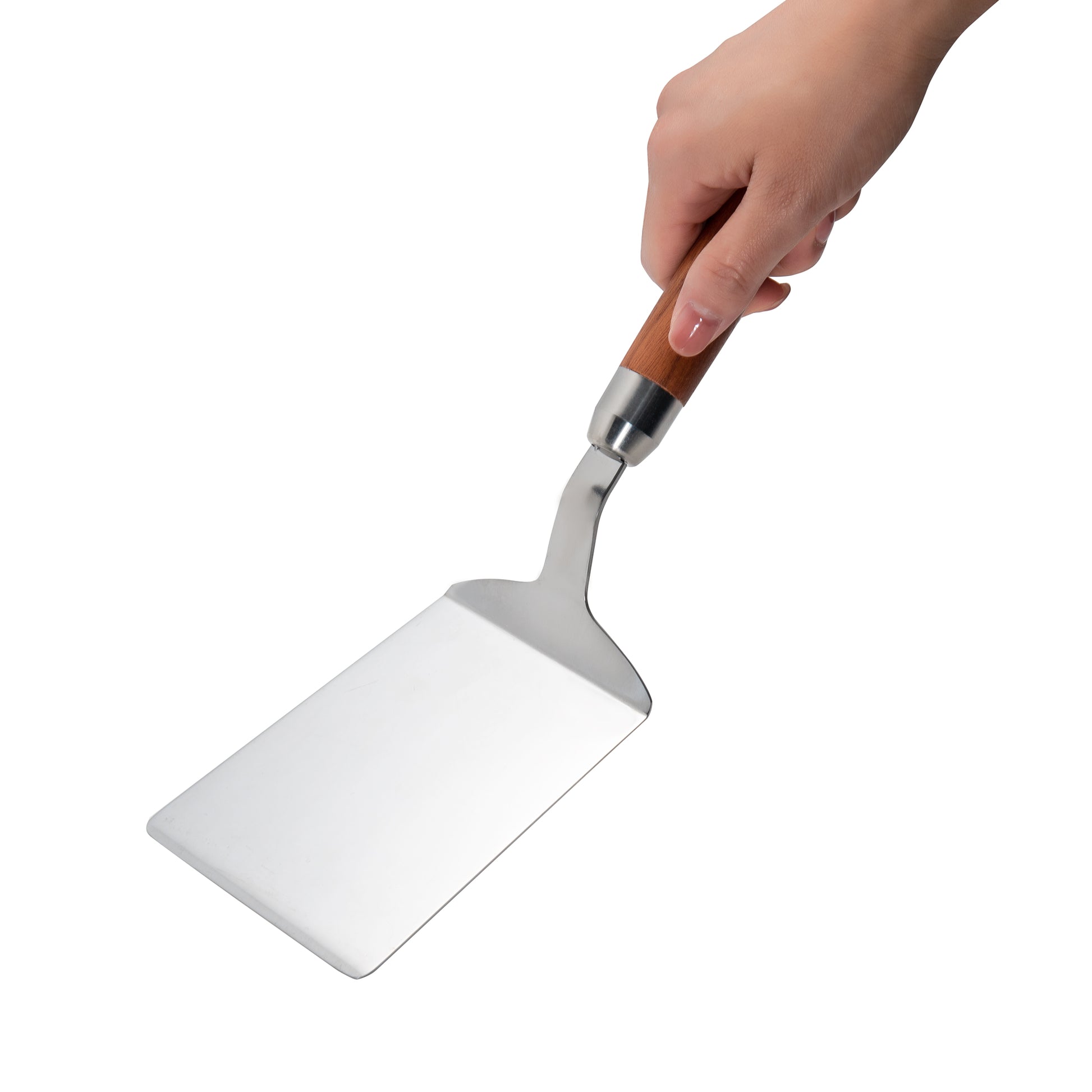 Grilling Solid Stainless Steel Turner Spatula with Wood Handle held in hand