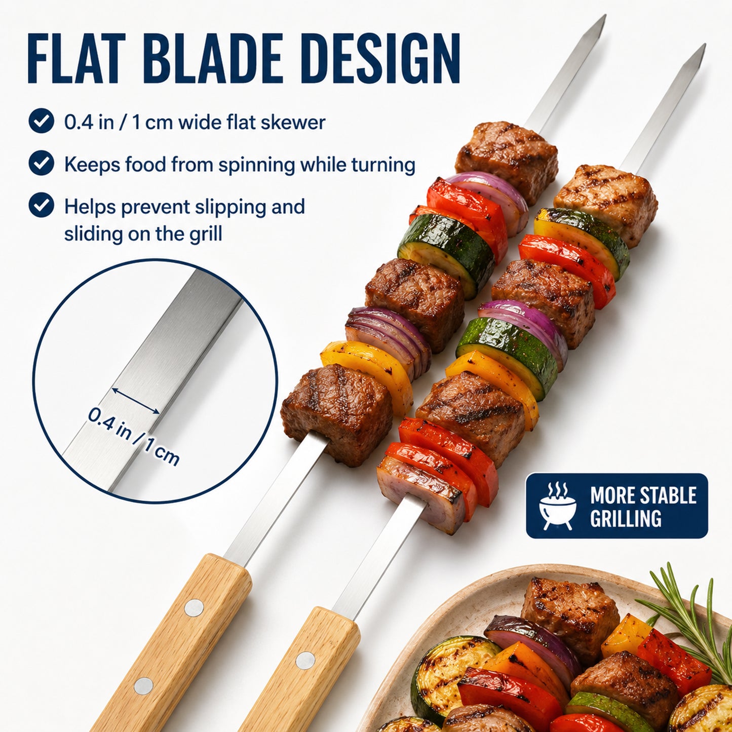 Stainless steel kabob skewer with 0.4inch flat blade to keep food from spinning