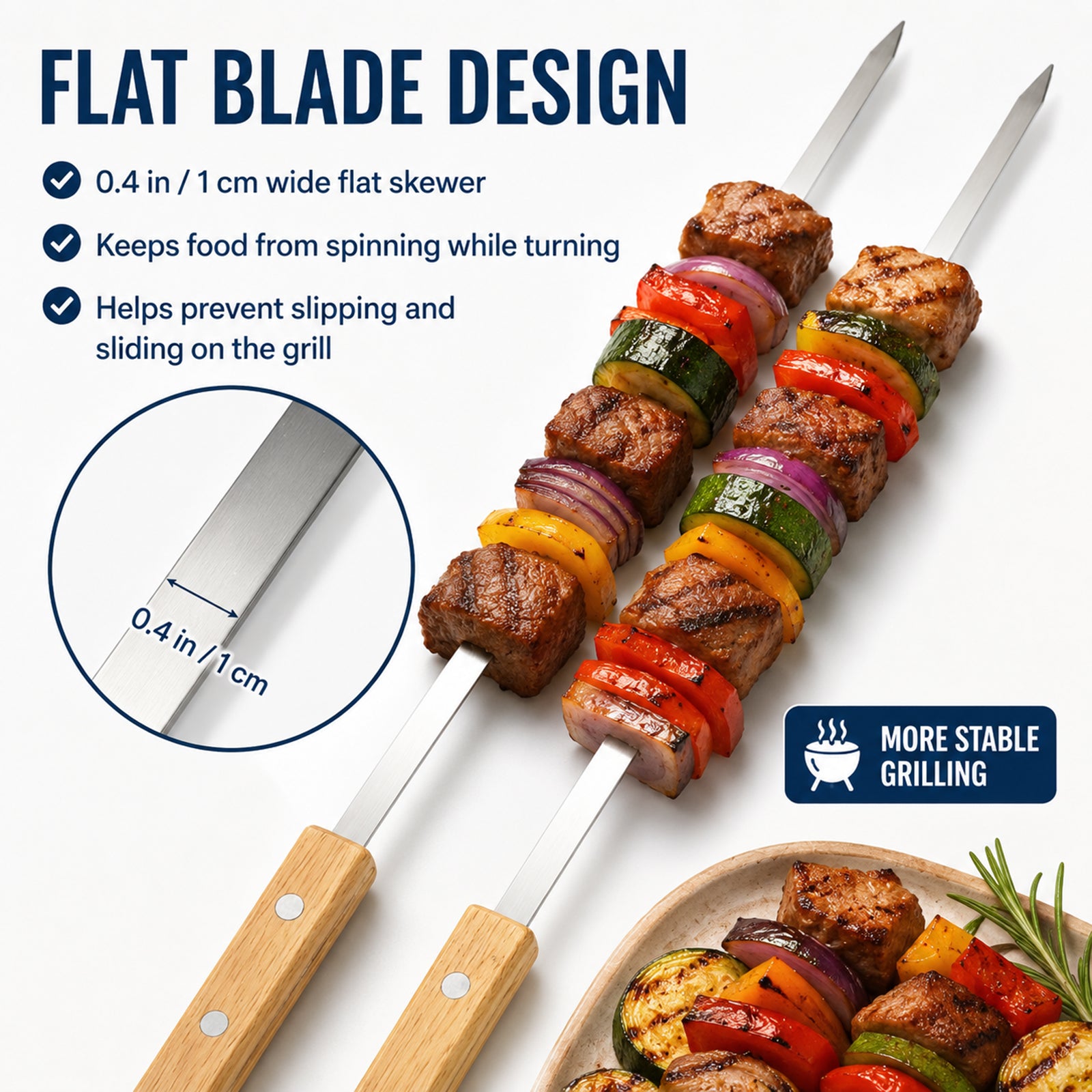 Stainless steel kabob skewer with 0.4inch flat blade to keep food from spinning