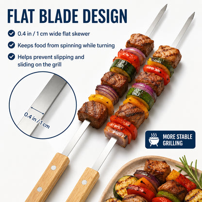 Stainless steel kabob skewer with 0.4inch flat blade to keep food from spinning