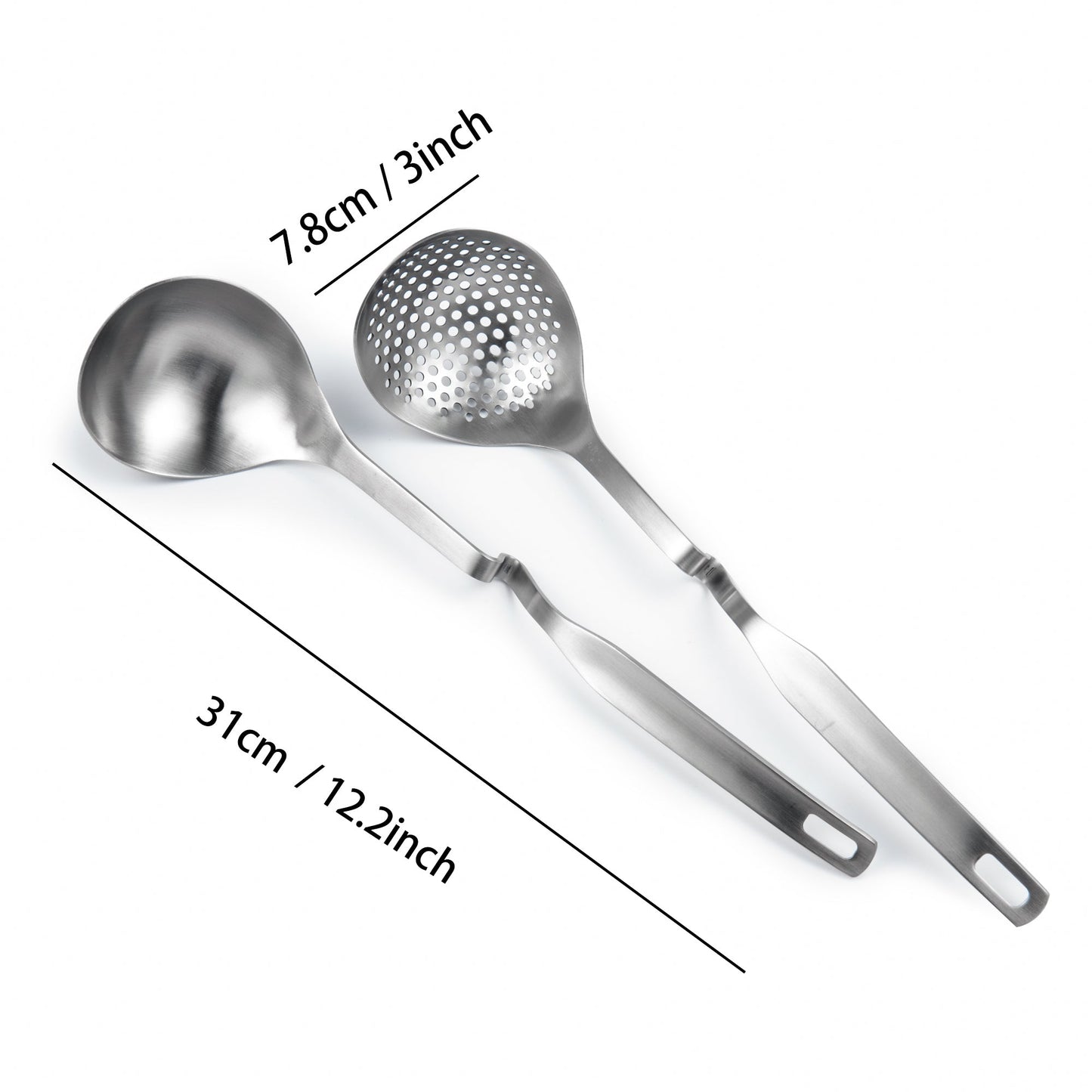 IMEEA SUS304 Stainless Steel Hot Pot Ladle Set 12inch showing 12.2inch total length and 3inch spoon width