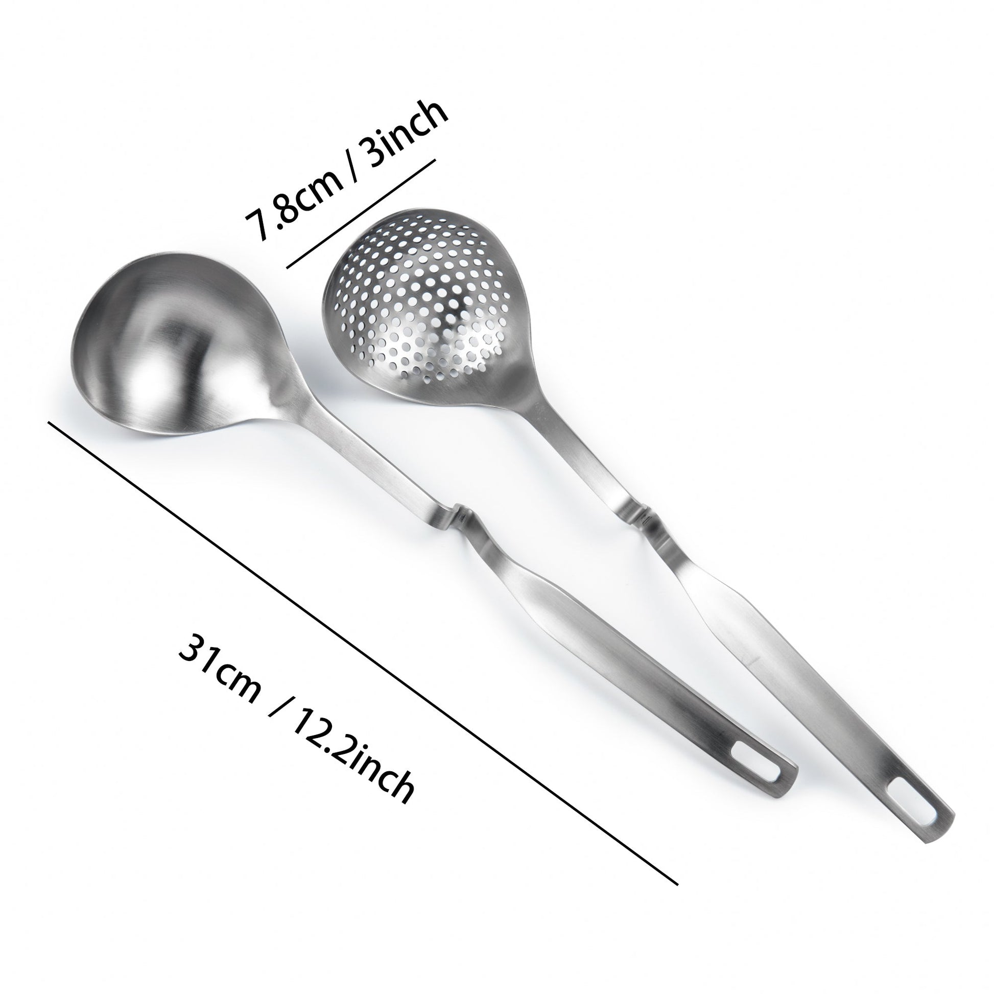 IMEEA SUS304 Stainless Steel Hot Pot Ladle Set 12inch showing 12.2inch total length and 3inch spoon width