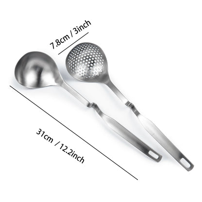 IMEEA SUS304 Stainless Steel Hot Pot Ladle Set 12inch showing 12.2inch total length and 3inch spoon width