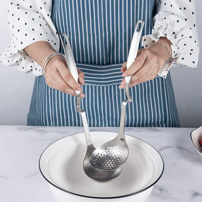 IMEEA SUS304 Stainless Steel Hot Pot Ladle Set 12inch held in two hands for kitchen use