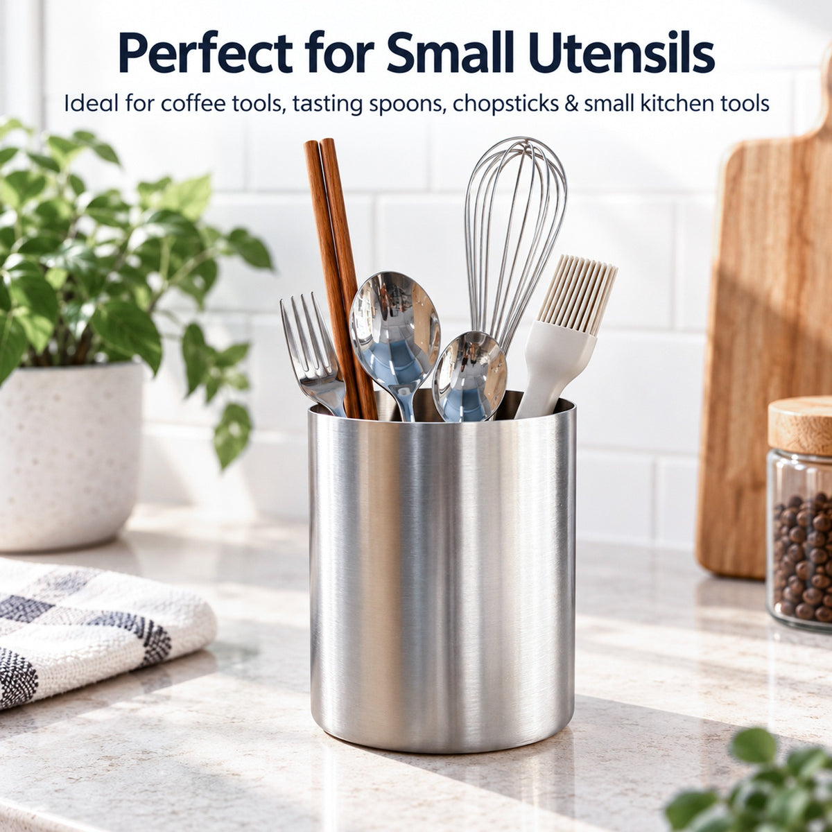 small utensil tools holder on a kitchen countertop