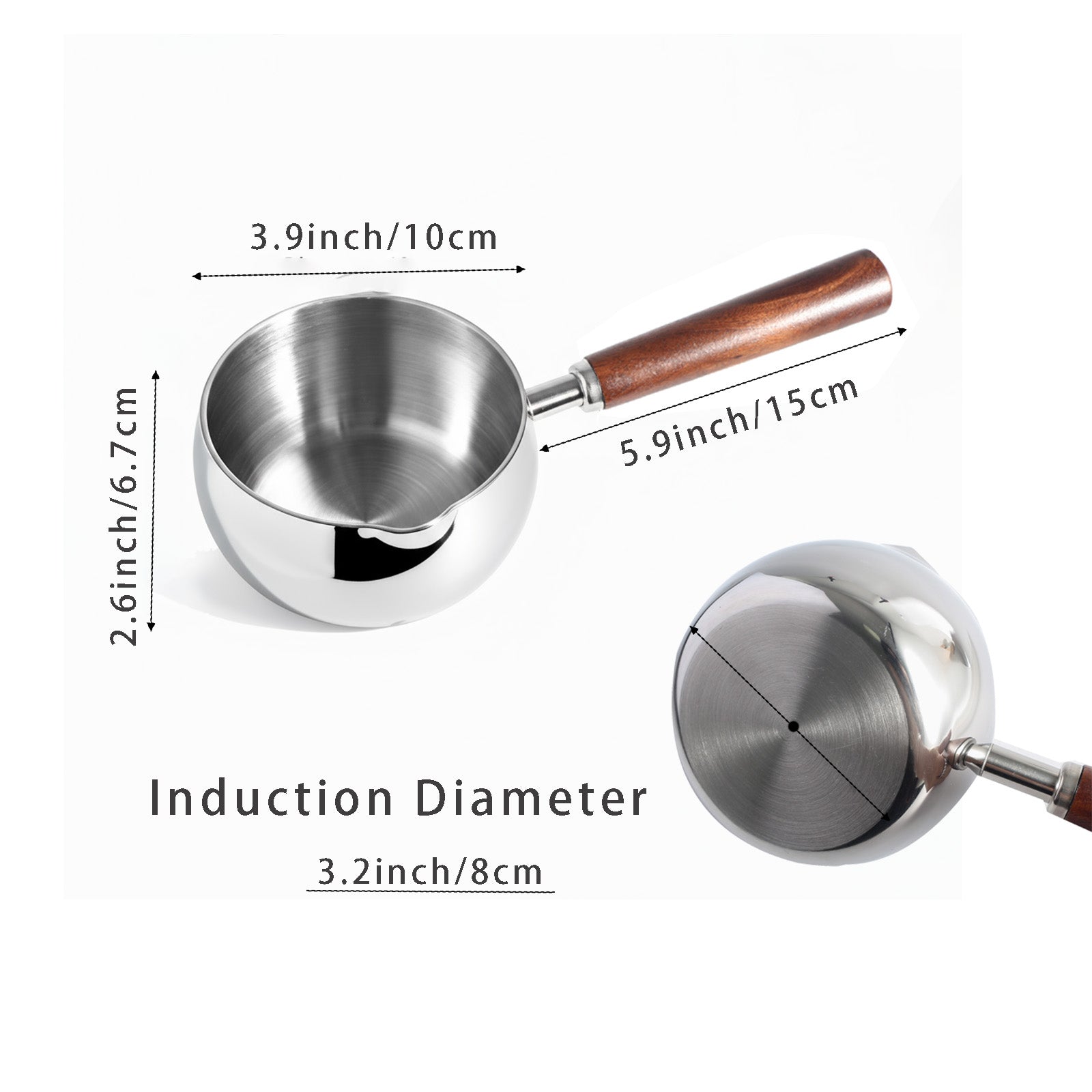 IMEEA mini butter warmer 16.9oz, 3-layer stainless steel, showing dimensions and size chart