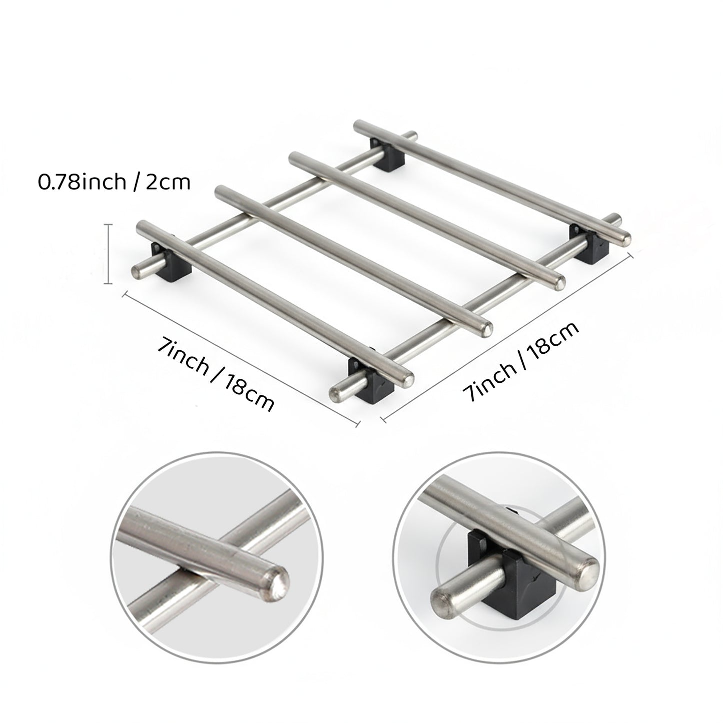 IMEEA trivet size diagram showing 7x7 inch compact stainless steel design