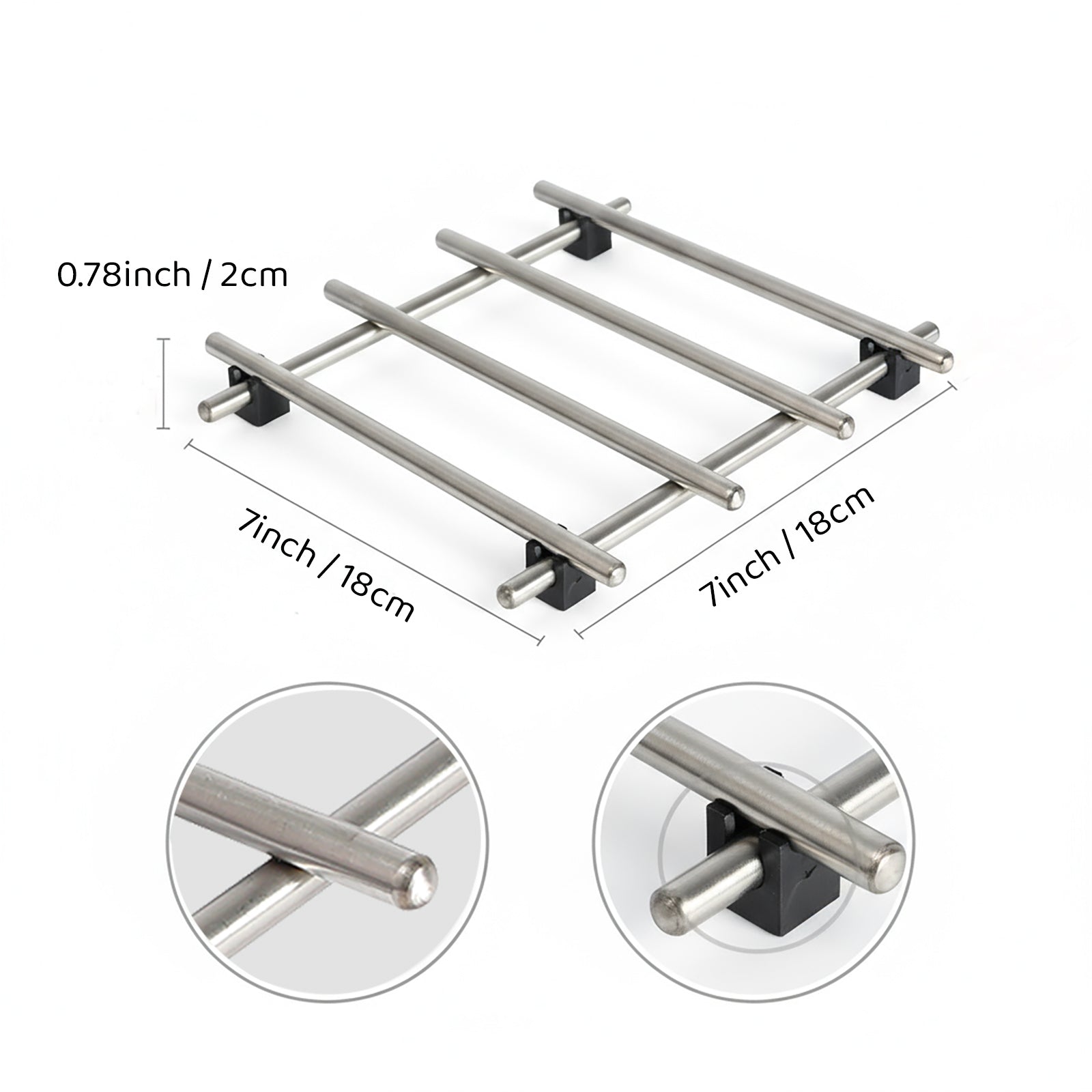 IMEEA trivet size diagram showing 7x7 inch compact stainless steel design