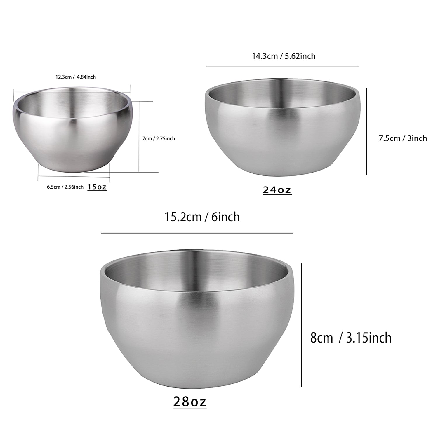 IMEEA SUS304 stainless steel ice cream bowl set showing three available sizes, 15 oz, 24 oz, and 28 oz capacity options