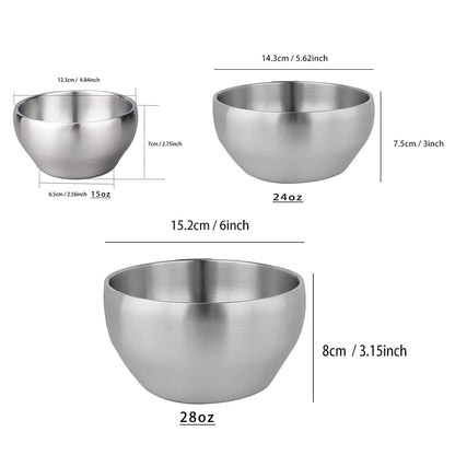 IMEEA SUS304 stainless steel ice cream bowl set showing three available sizes, 15 oz, 24 oz, and 28 oz capacity options