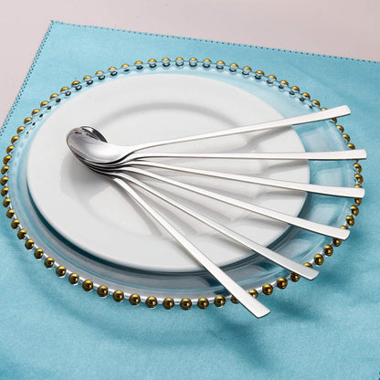 IMEEA Long Handled Spoon Set arranged in a fan shape on a plate, showcasing an elegant design for table settings