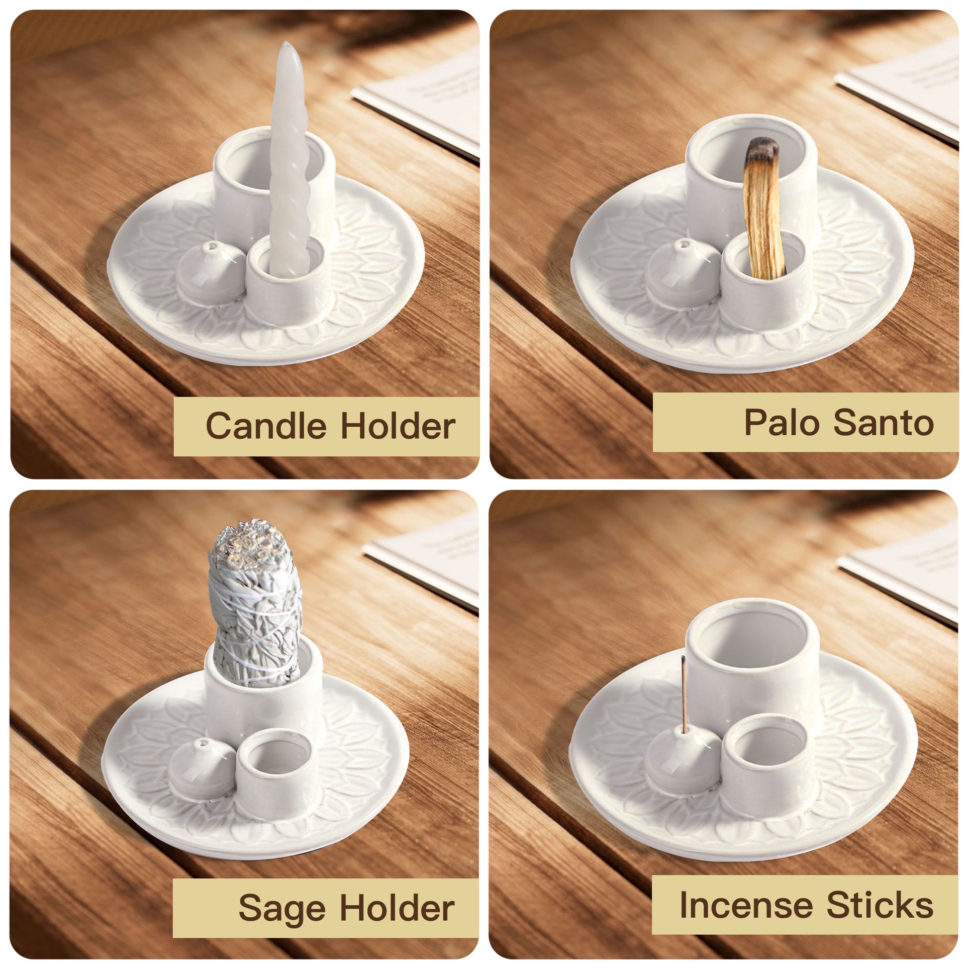 Versatile 4 in 1 Incense Burner showing use with candle holder, palo santo, sage holder, and incense sticks
