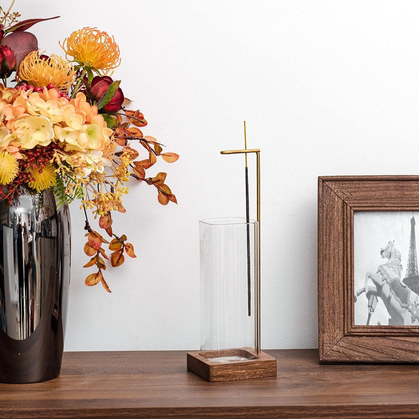 Wooden Incense Holder with Glass Ash Catcher on decorative tabletop