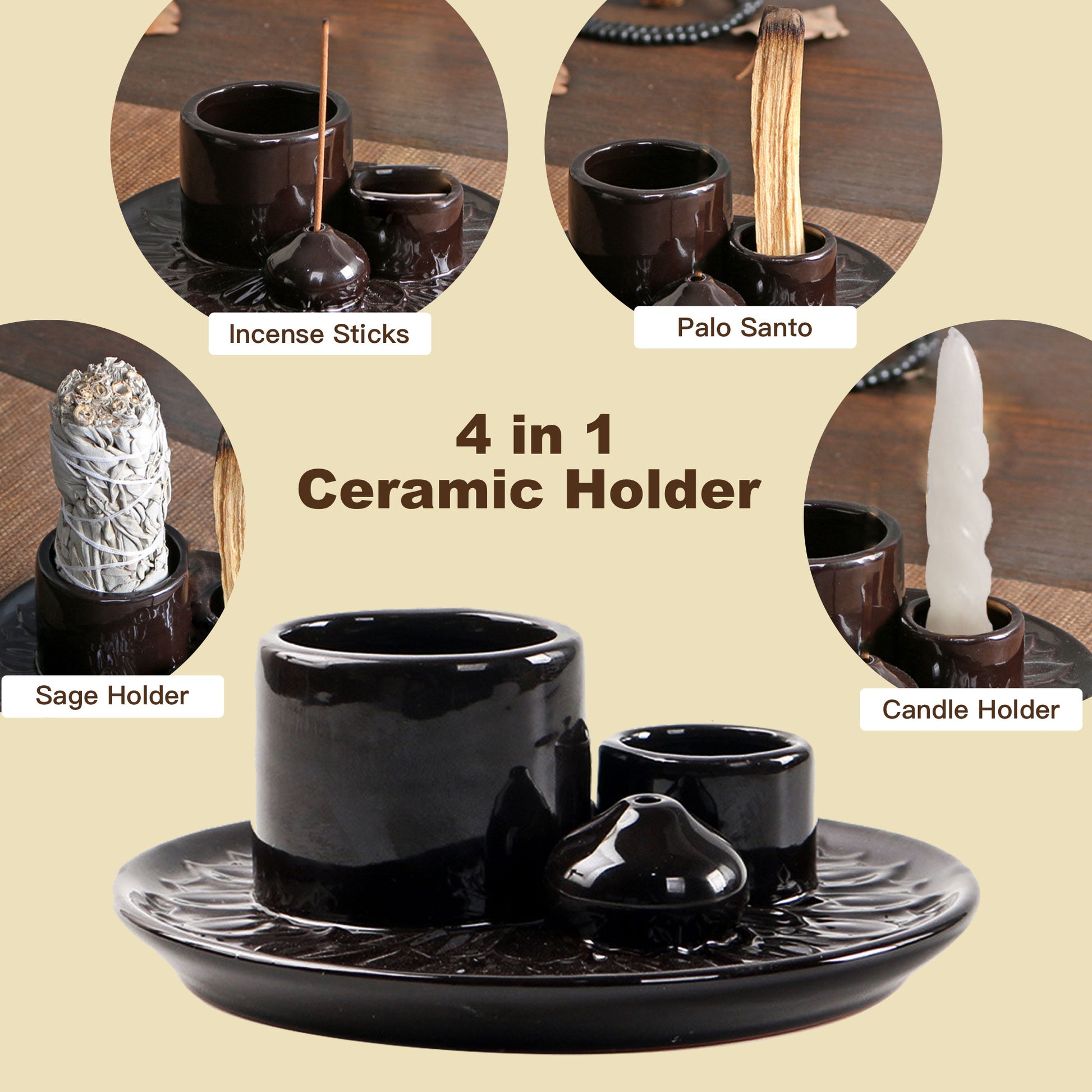 Multi-Purpose 4 in 1 design for use with sage, incense sticks, palo santo, and candles