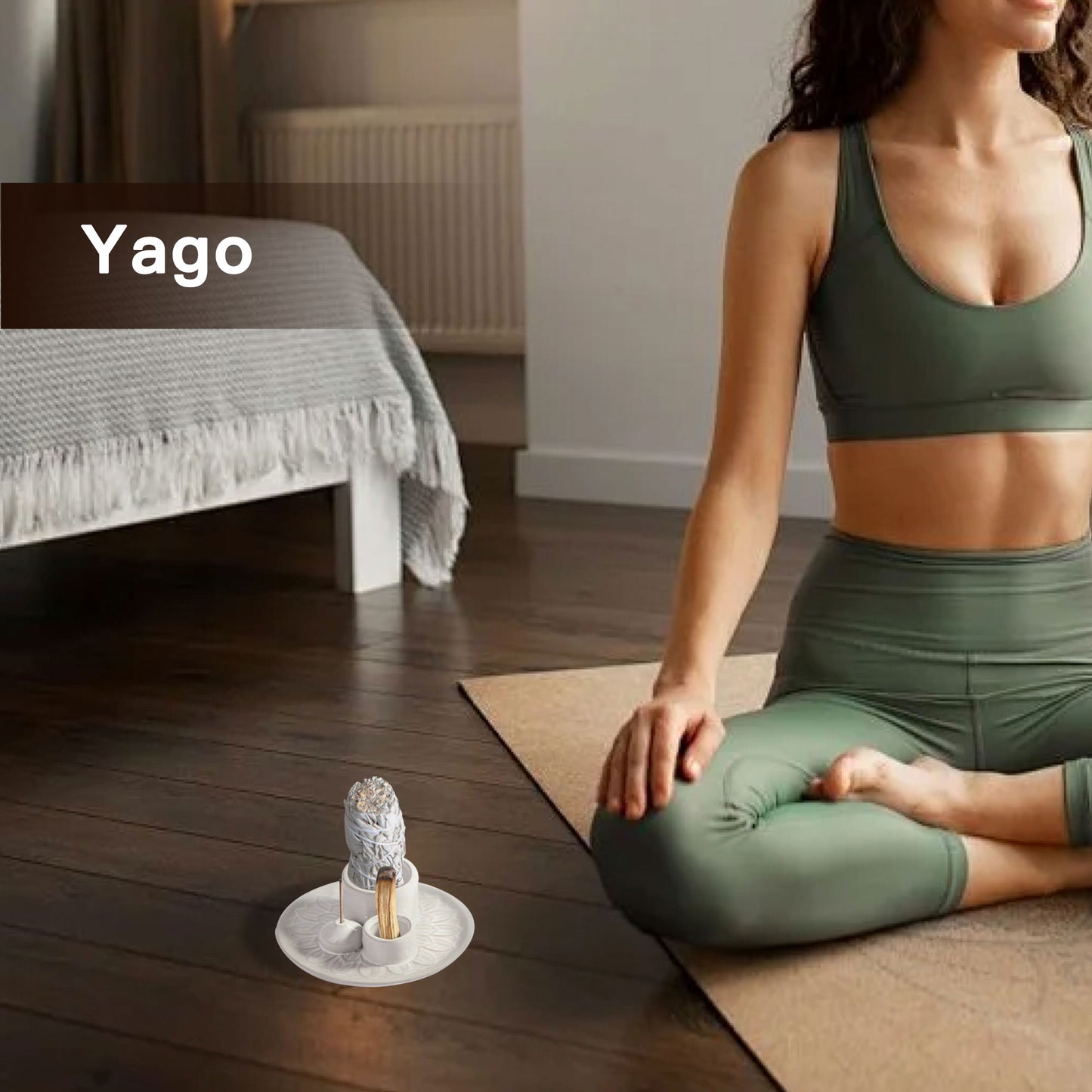 IMEEA Incense Holder placed beside a person practicing yoga in a meditation room