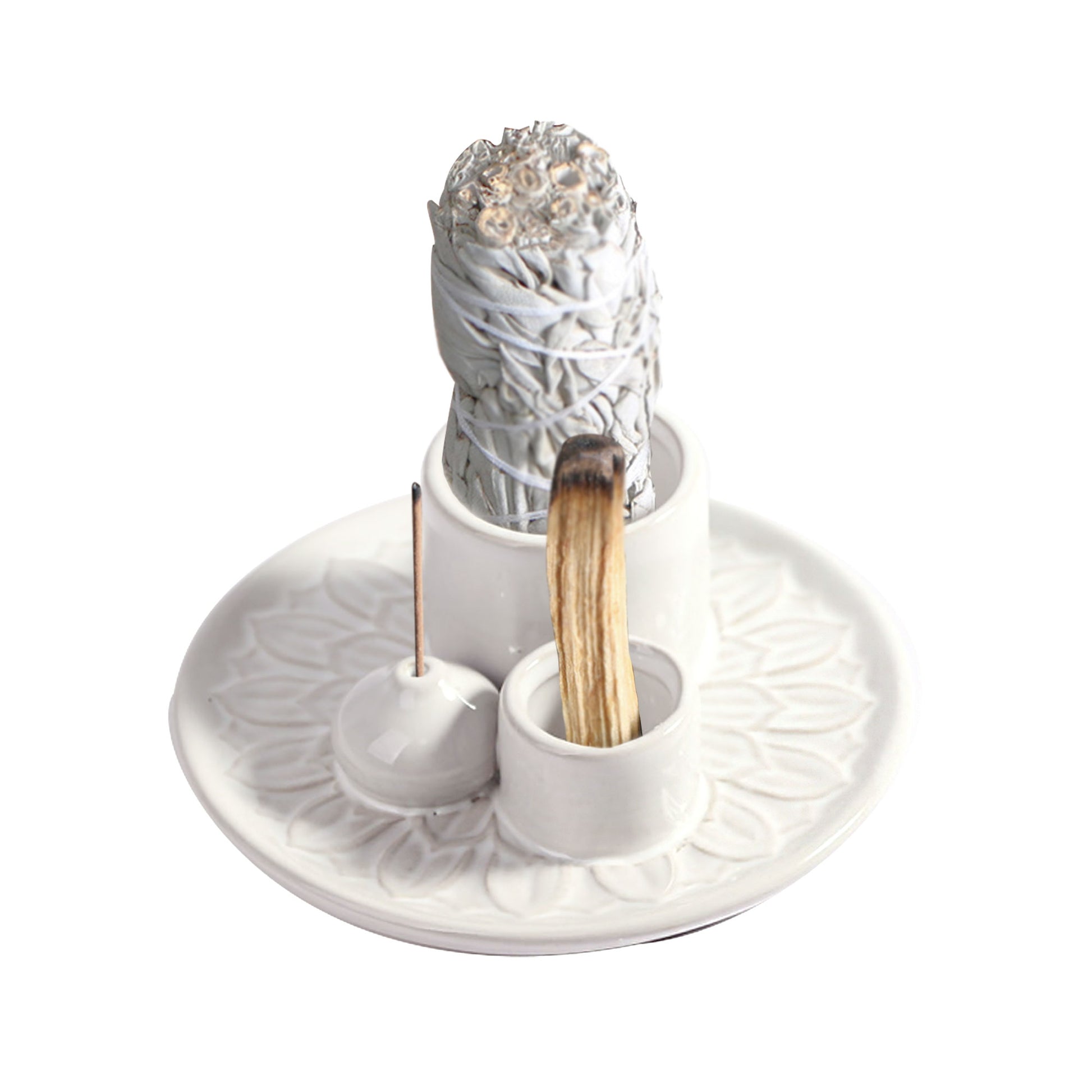 IMEEA Palo Santo Holder, Sage Holder, 4 in 1 Incense Holder with 5.1inch Ceramic Ash Catcher Tray for Meditation Room