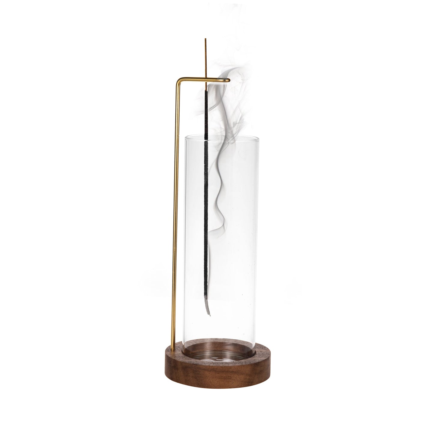 IMEEA Wooden Incense Stand holding a burning incense stick with Glass Ash Catcher