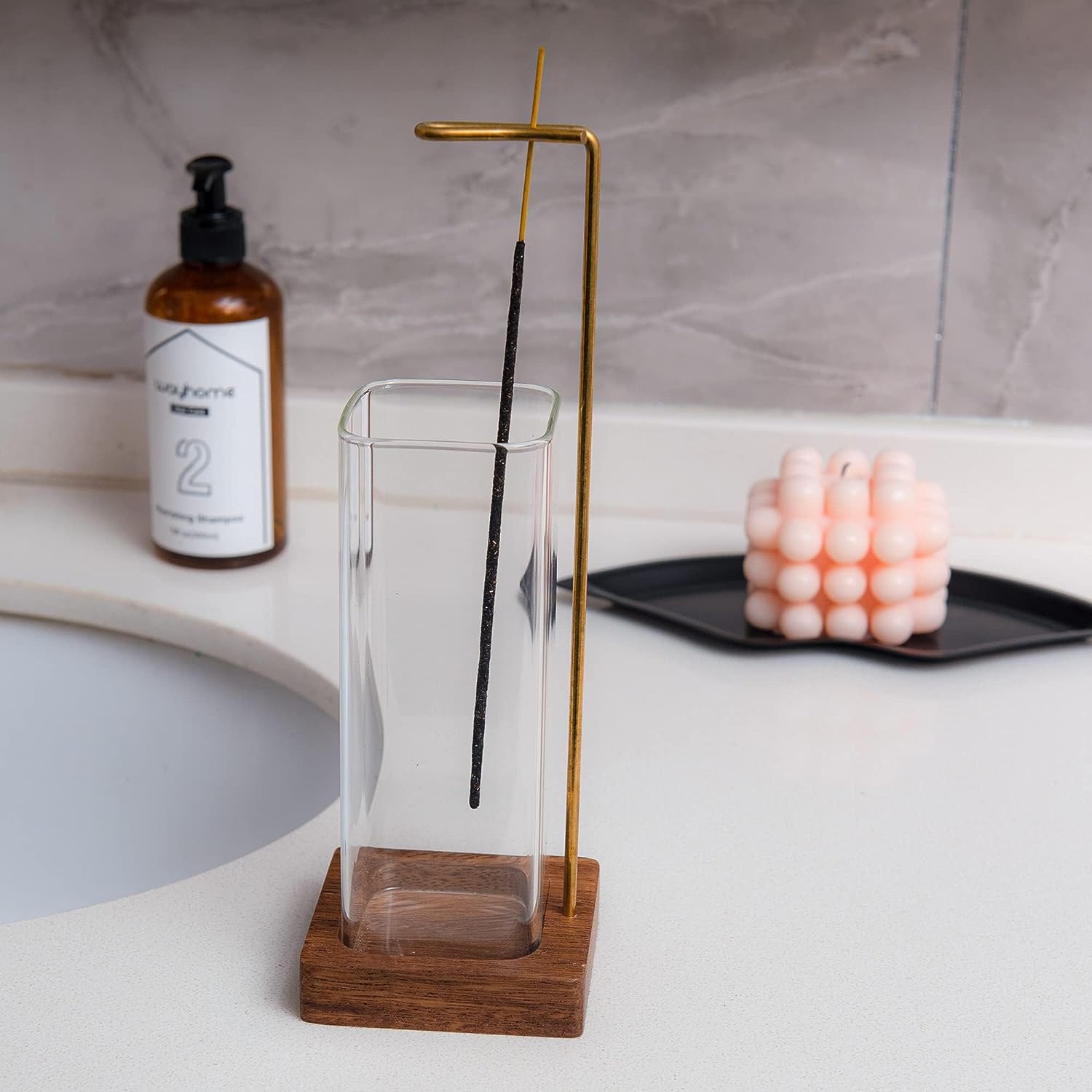 Wooden Incense Stand with Glass Ash Catcher for Spa on bathroom countertop