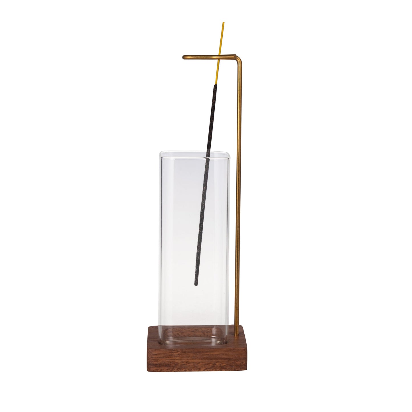 Minimalist Wooden Incense Stand with Glass Ash Catcher and Brass Holder overall view
