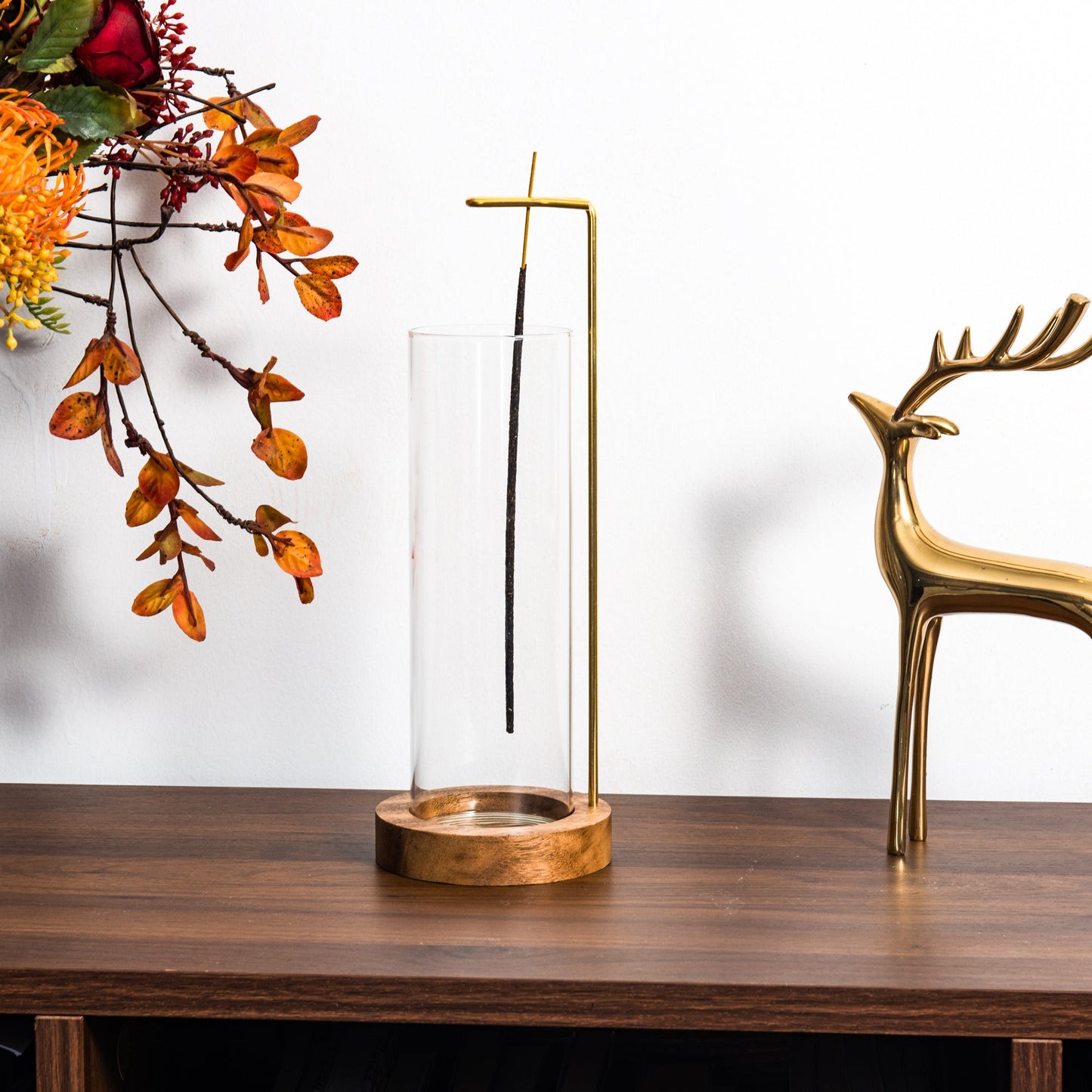 IMEEA Wooden Incense Stand with Glass Ash Catcher on tabletop