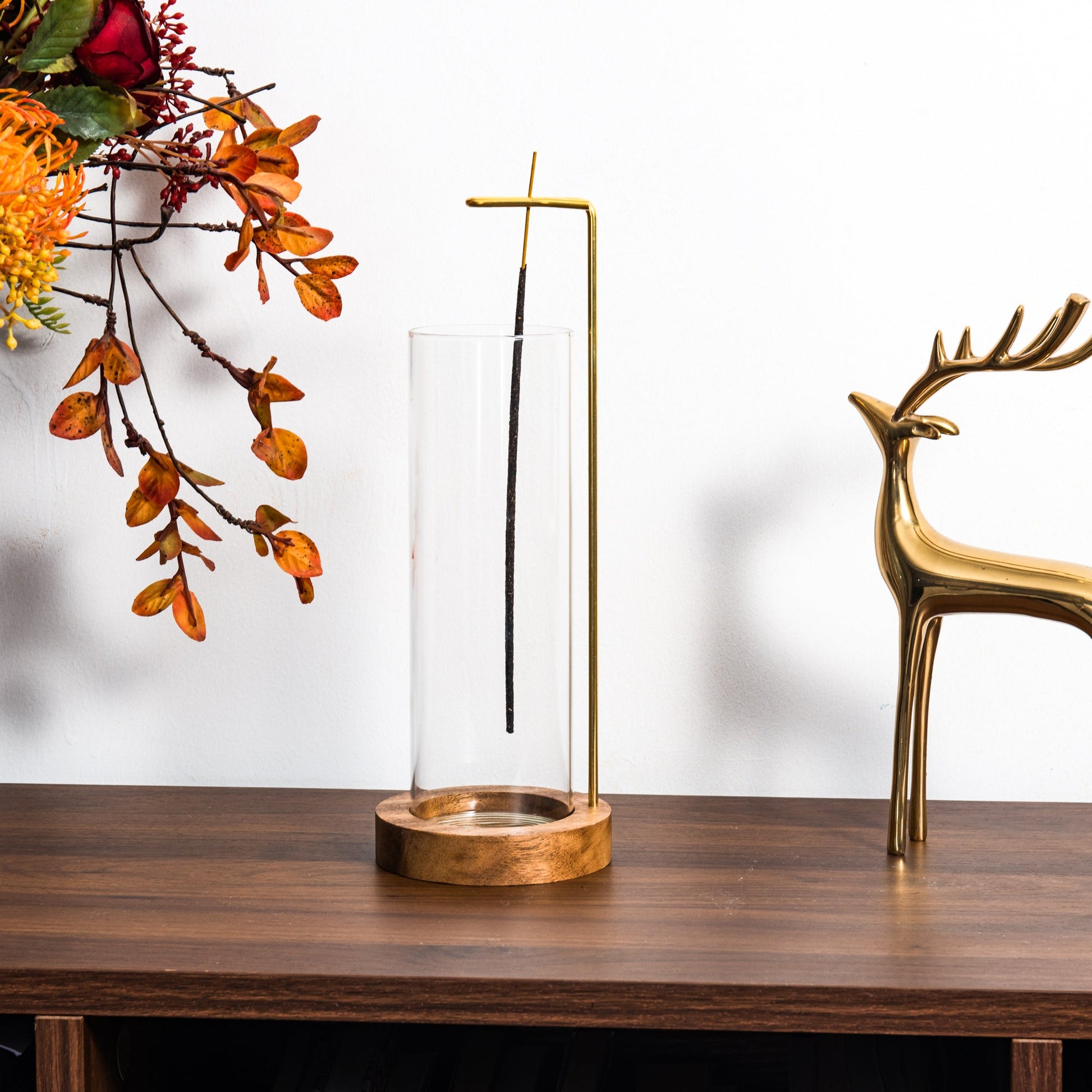 IMEEA Wooden Incense Stand with Glass Ash Catcher on tabletop