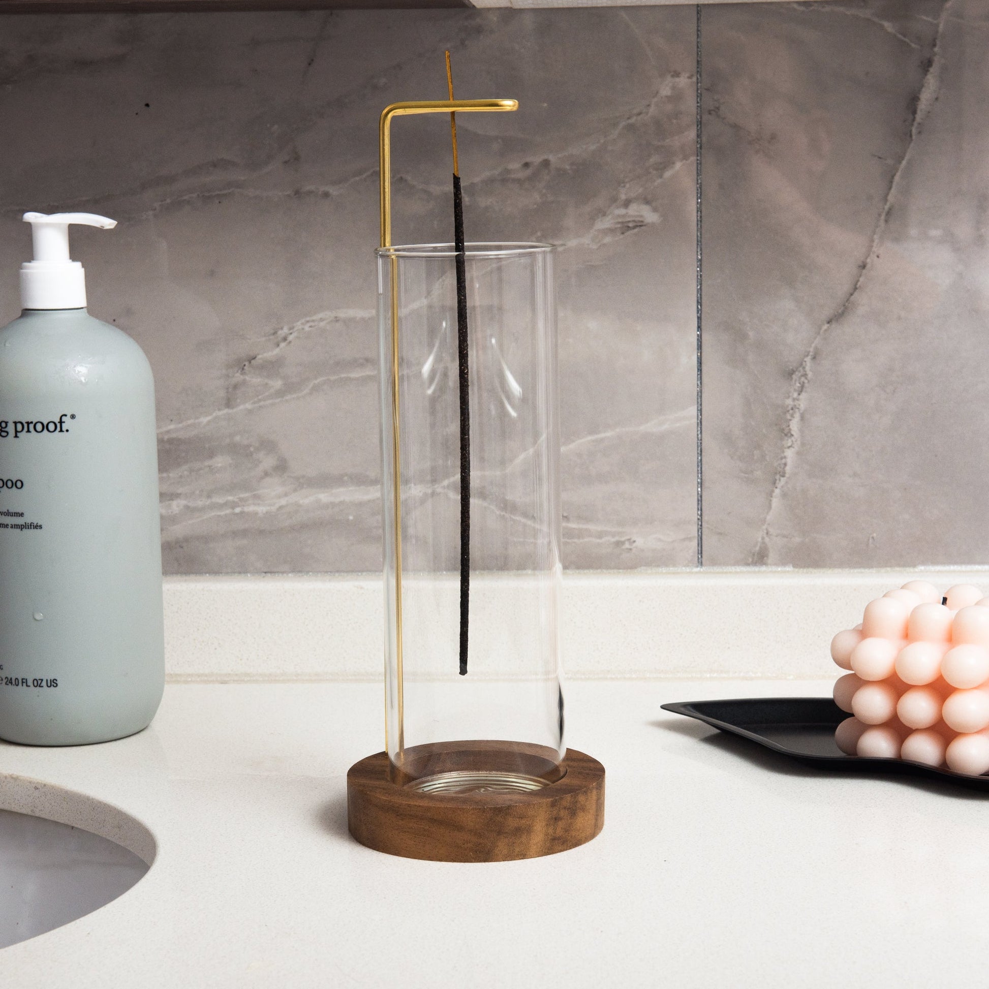 IMEEA Wooden Incense Stand with Glass Ash Catcher on bathroom countertop