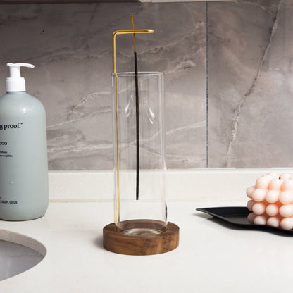 IMEEA Wooden Incense Stand with Glass Ash Catcher on bathroom countertop