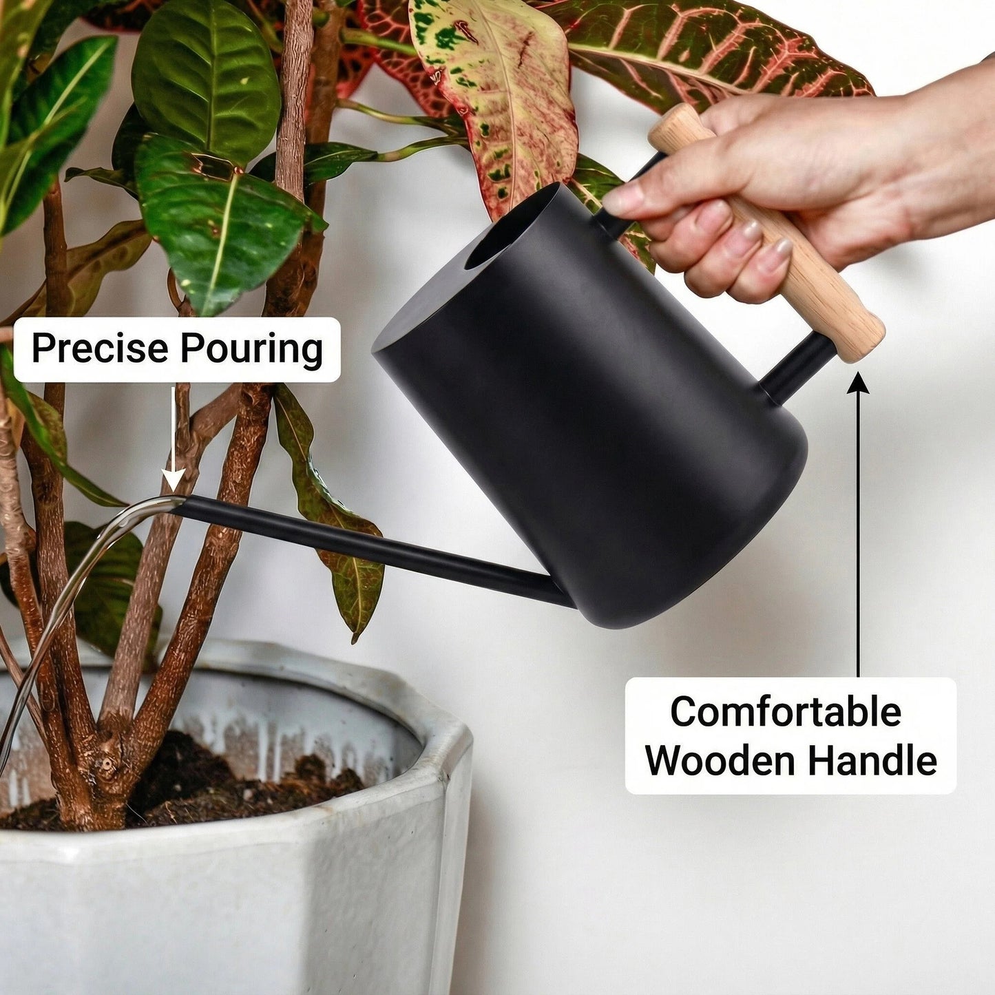 Smooth Water Flow Stainless Steel Watering Can with Long Spout and Comfortable Wooden Handle watering indoor plants