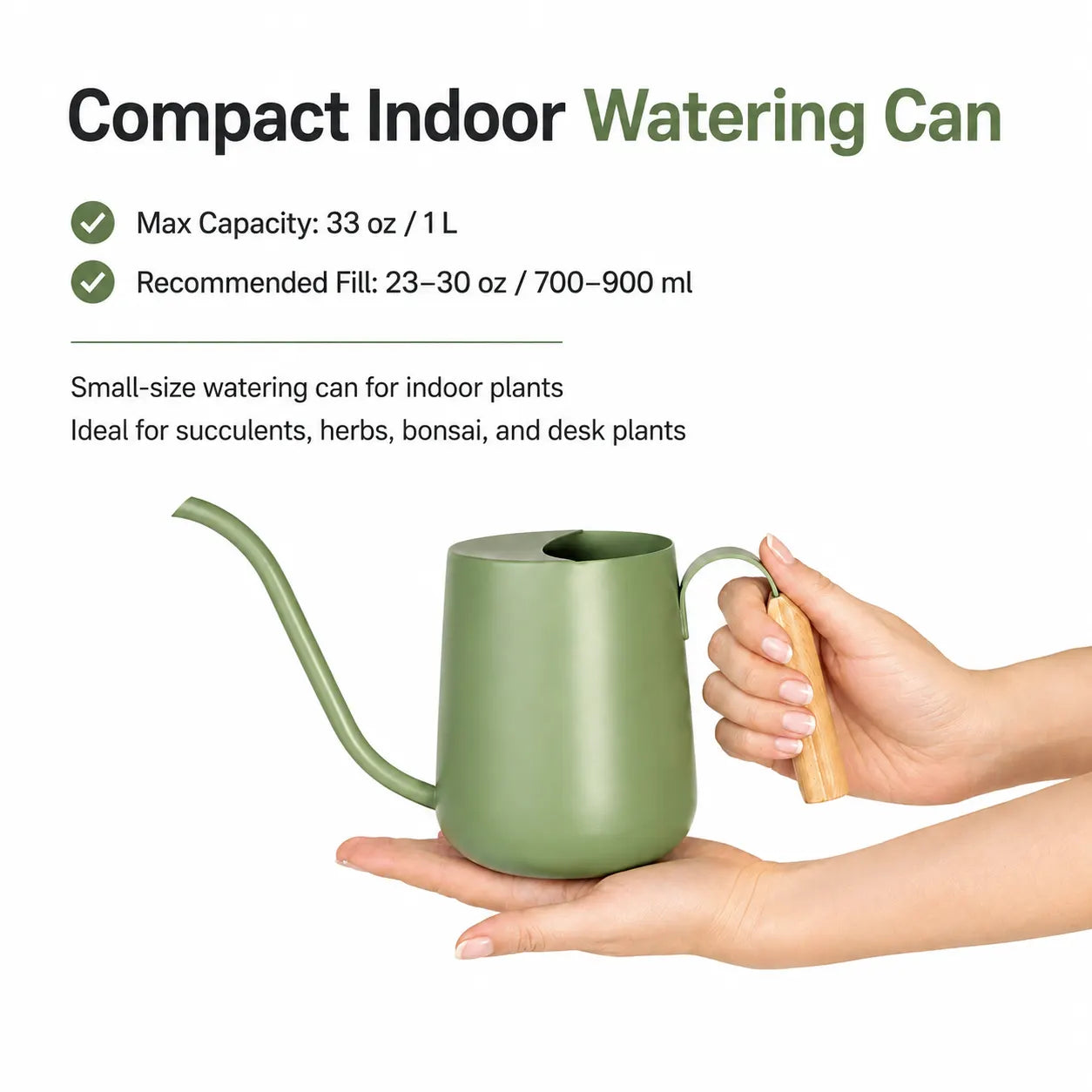 Green Indoor Watering Can showing its compact 33oz capacity for controlled watering of indoor plants