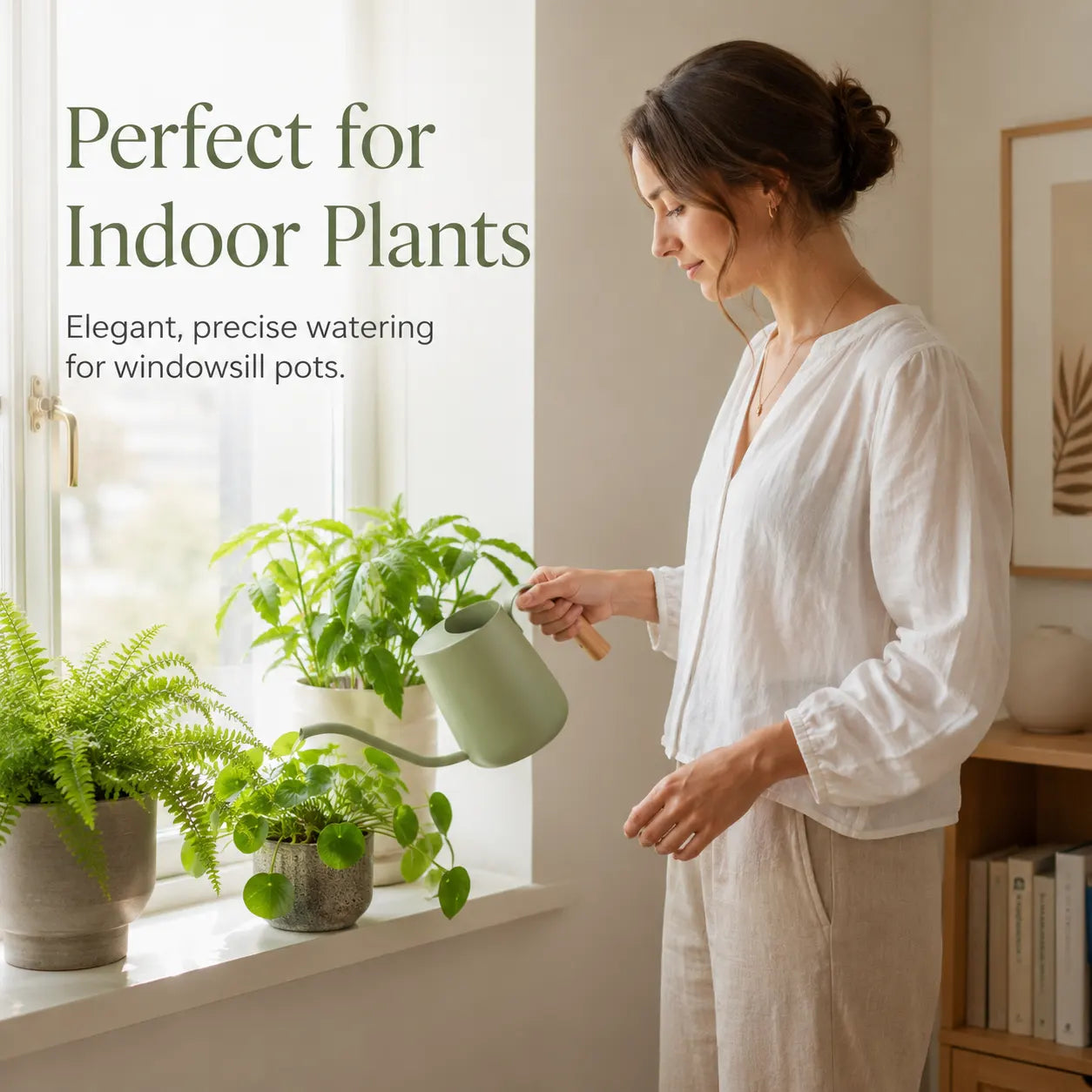 Green Indoor Watering Can in use with indoor plants, combining practical watering control with modern home style