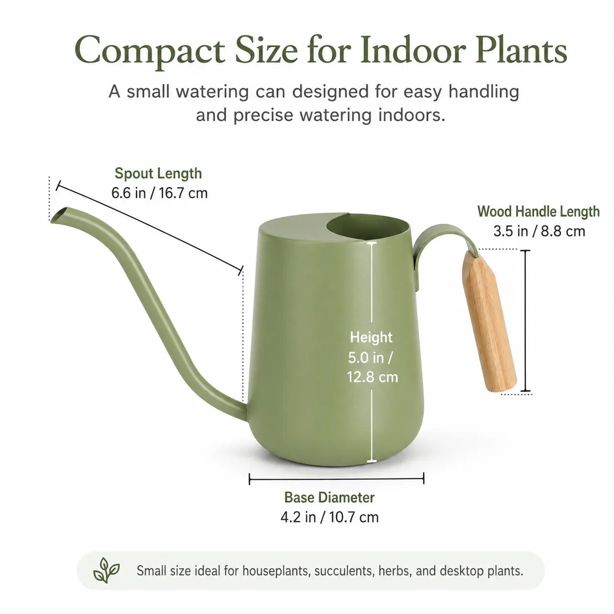 Indoor Watering Can dimension chart highlighting the compact size for houseplant care