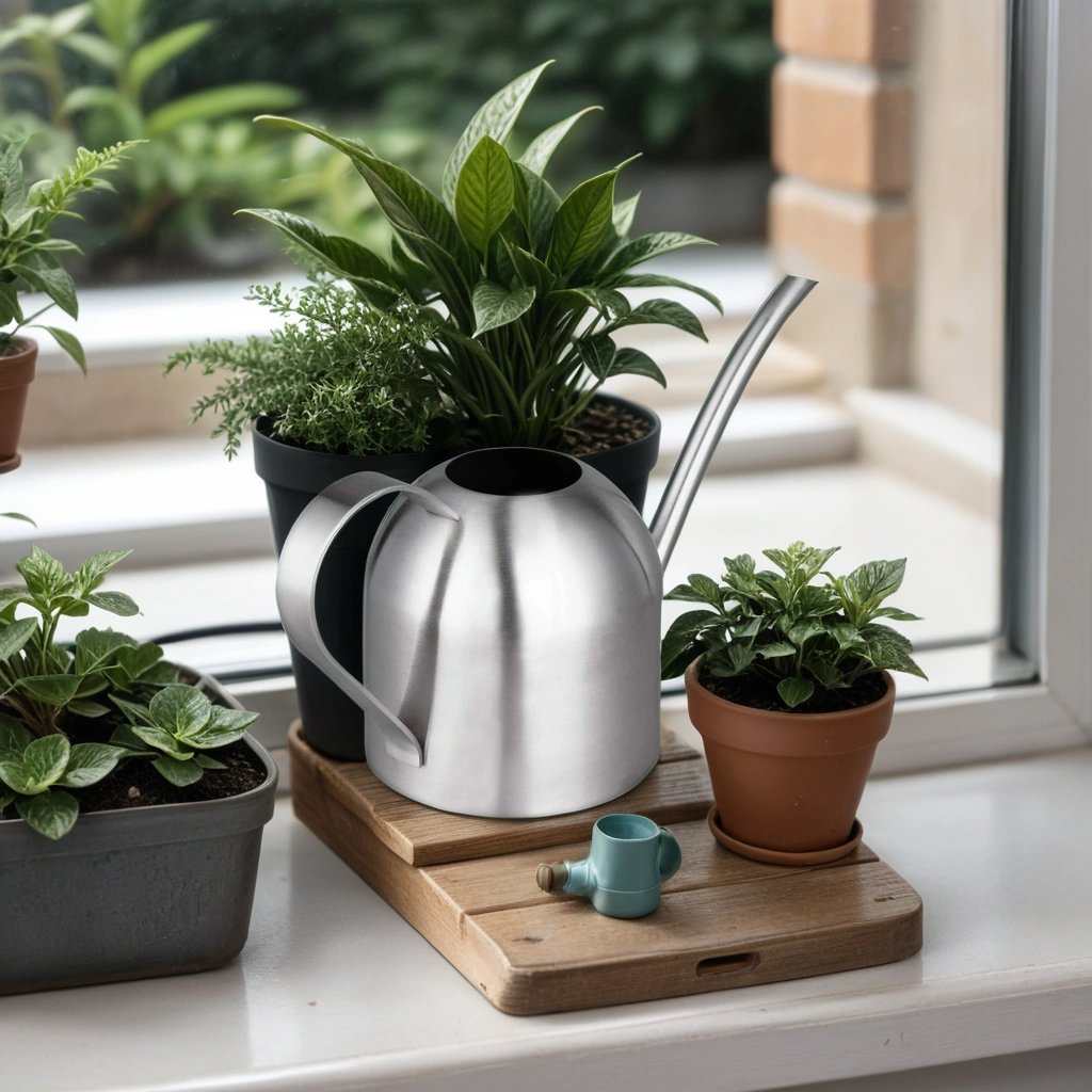 IMEEA Stainless Steel Indoor Watering Can 33oz displayed with houseplants