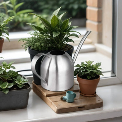 IMEEA Stainless Steel Indoor Watering Can 33oz displayed with houseplants
