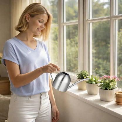 IMEEA Indoor Watering Can Stainless Steel 33oz watering a windowsill plant at home