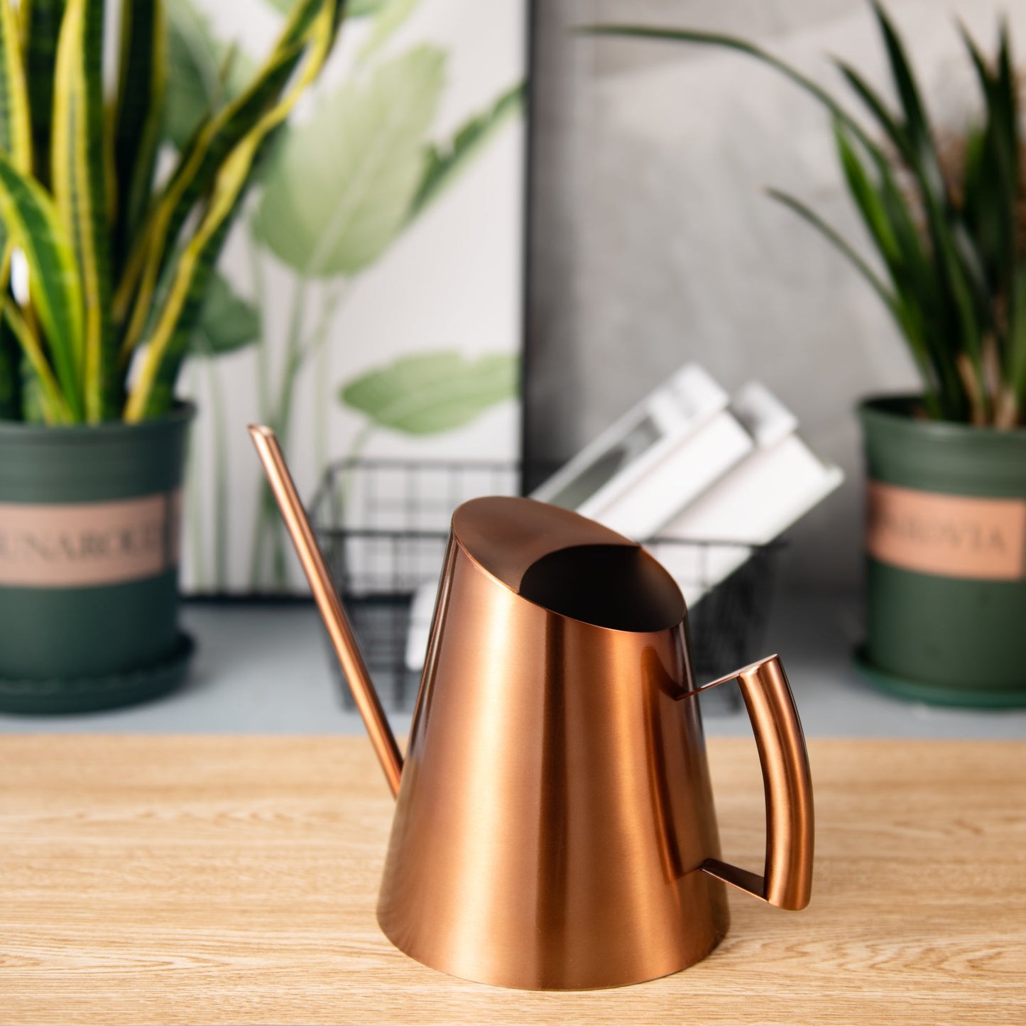 Ergonomic IMEEA copper finish stainless steel watering can with a comfortable grip handle on an indoor table