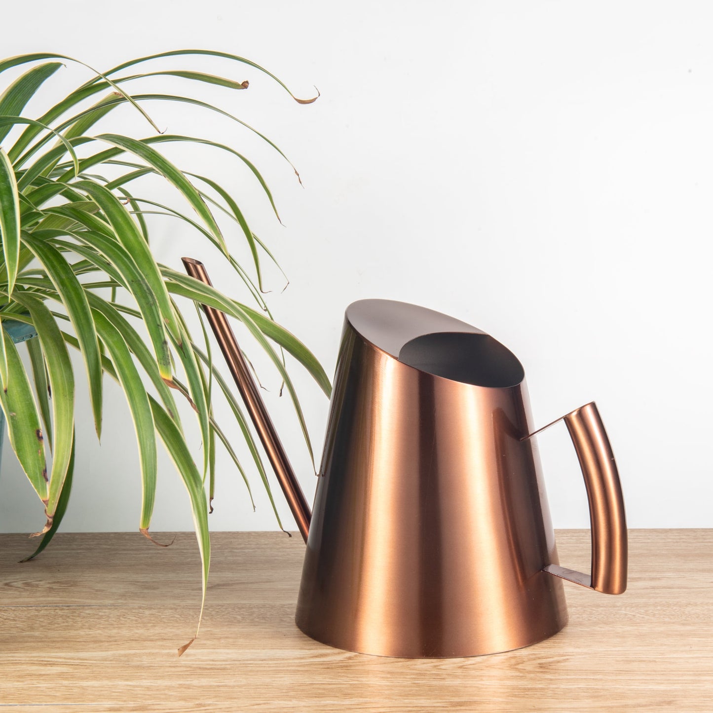 Precision IMEEA copper finish stainless steel watering can beside a hanging plant