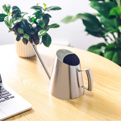 IMEEA stainless steel watering can displayed on an indoor table with a sleek silver finish