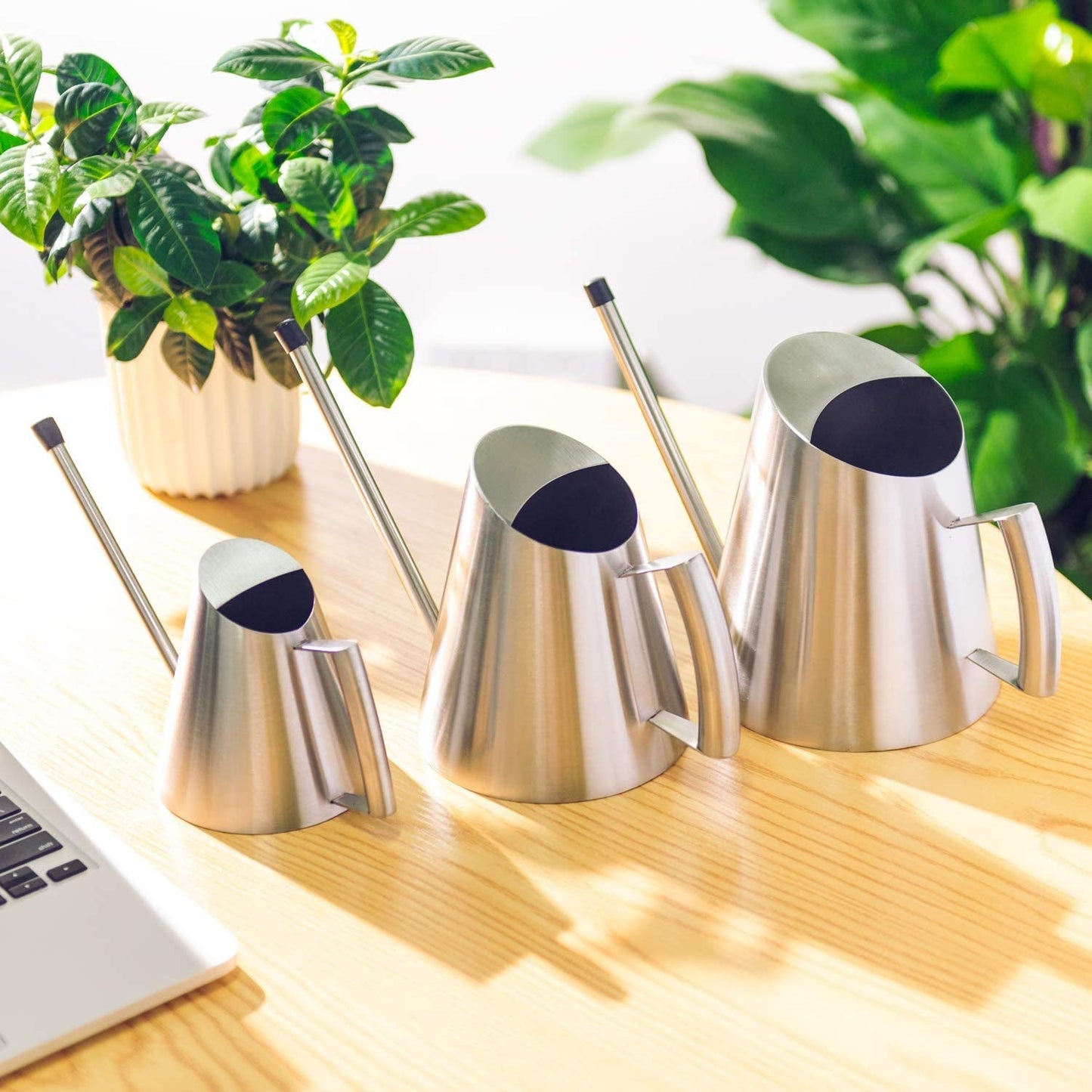 Versatile IMEEA silver stainless steel indoor watering cans in three sizes displayed on a table