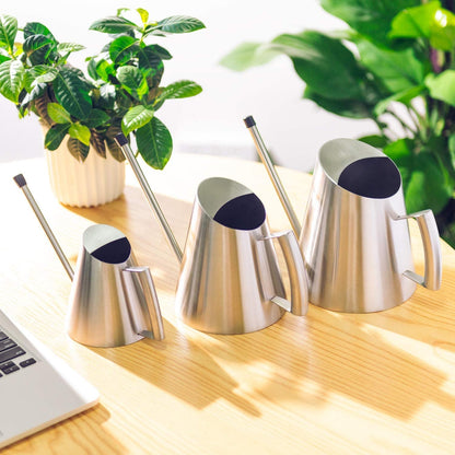 Versatile IMEEA silver stainless steel indoor watering cans in three sizes displayed on a table
