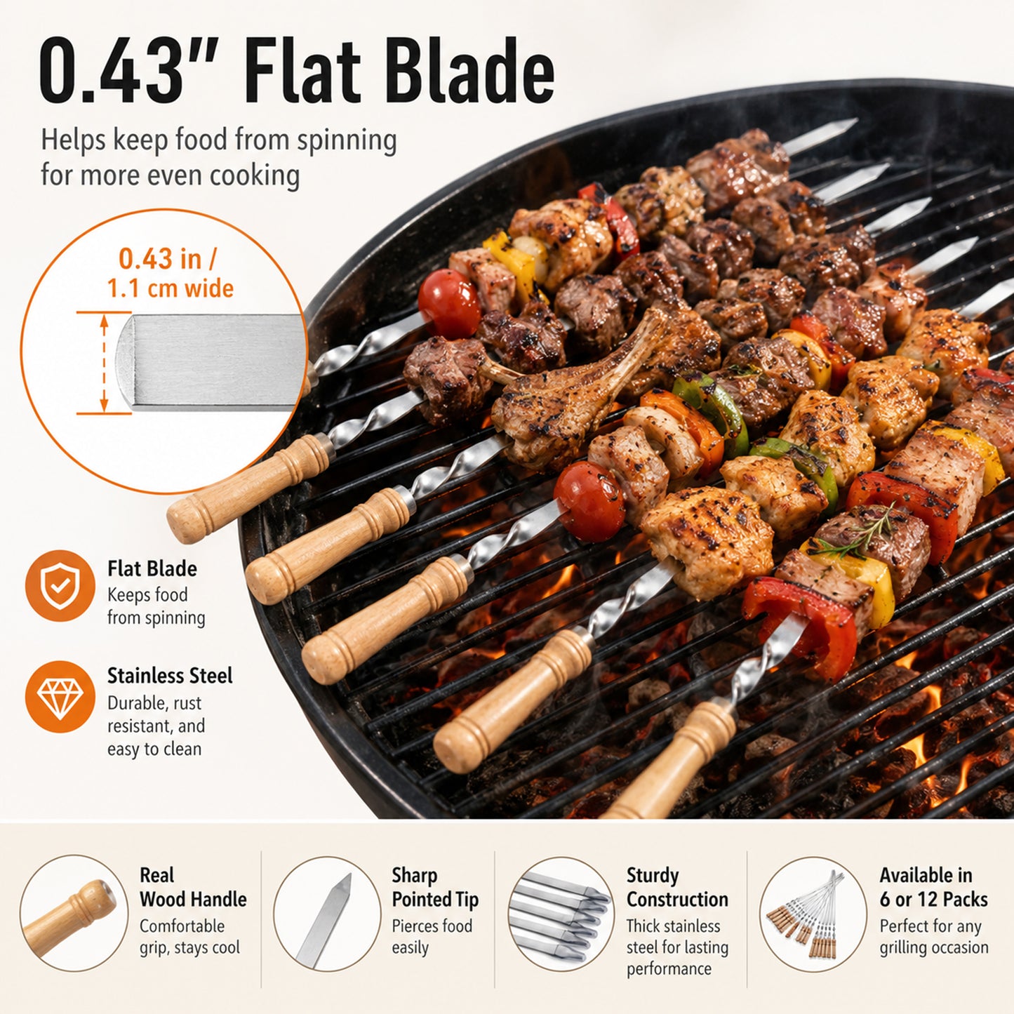 Functional flat kabob skewers holding grilled meat with a pointed tip, 0.42inch wide blade, and comfortable wooden handle