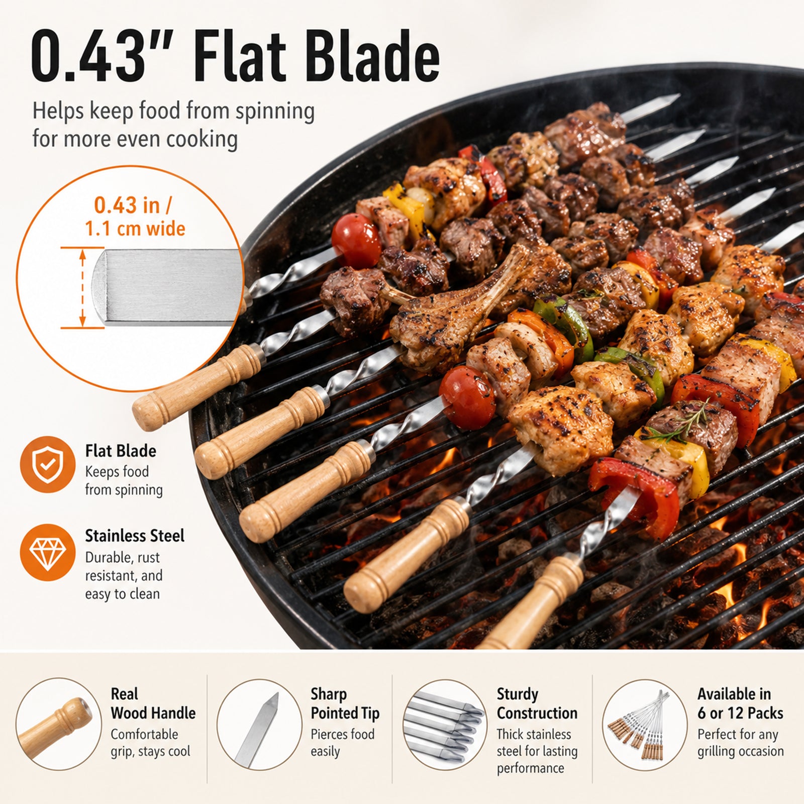 Functional flat kabob skewers holding grilled meat with a pointed tip, 0.42inch wide blade, and comfortable wooden handle