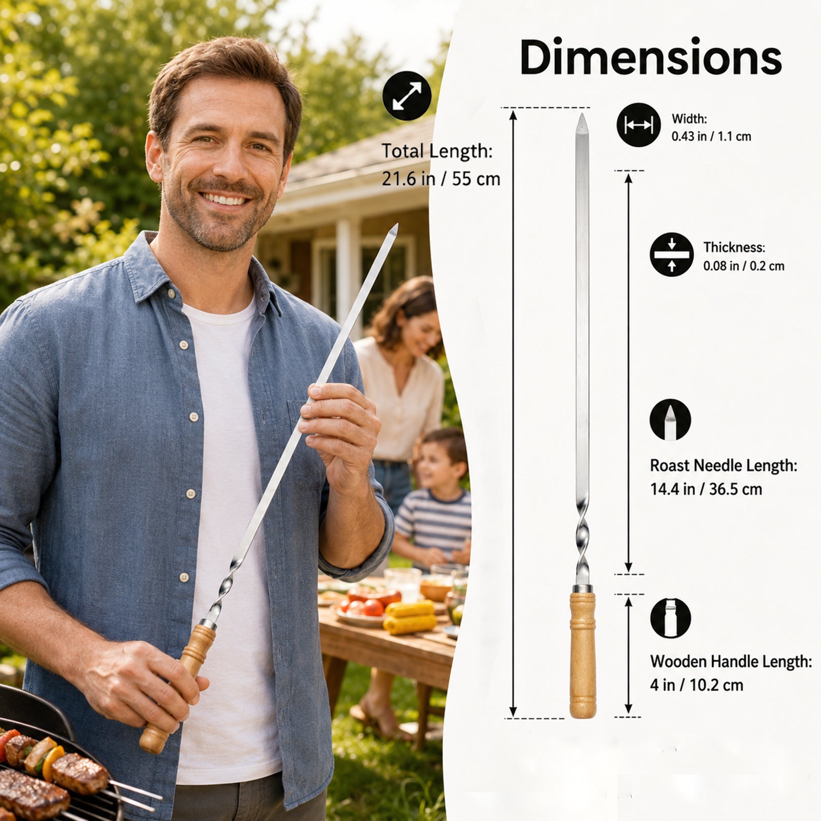 IMEEA Flat kabob skewers size diagram showing 21.6inch total length, 4inch wooden handle, and 0.43inch blade width measurements