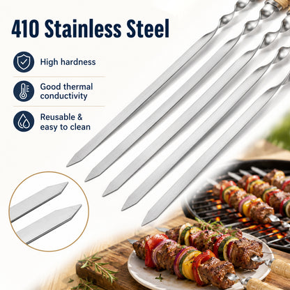 Precision flat kabob skewers showcasing the 410 stainless steel blade and pointed tip for easy food piercing