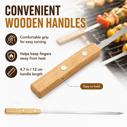 IMEEA extra long stainless steel kabob skewer with a wooden handle, showing the comfortable grip design